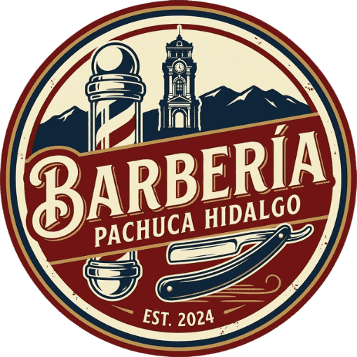 Logotipo oficial vintage de Barbería en Pachuca Hidalgo con poste de barbero y navaja libre.